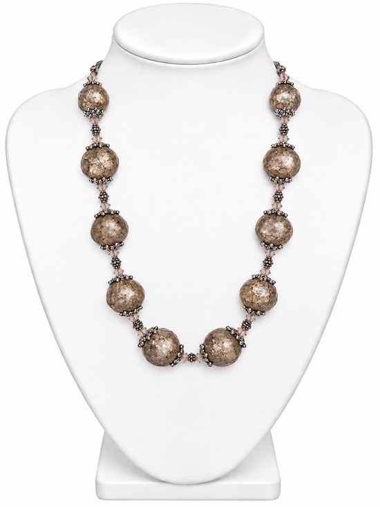 Jewelry - Handmade Statement Smoky Taupe Crackle & Dainty Pink Beaded Necklace